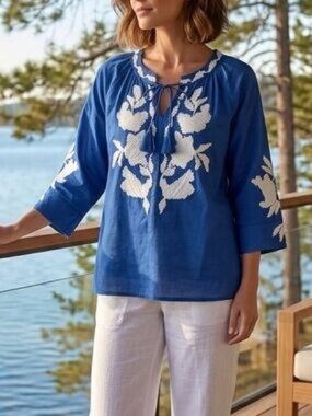 CHICO’S Embroidered Cotton Tassel Tie-Front Blouse MSRP $109 NWT SIZE 3 or XL